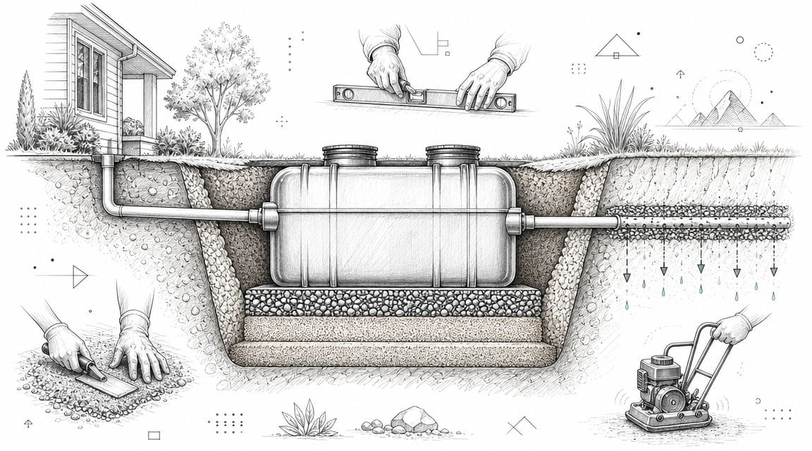 Diagrama de corte transversal que muestra la instalación profesional de un sistema de fosa séptica subterránea.