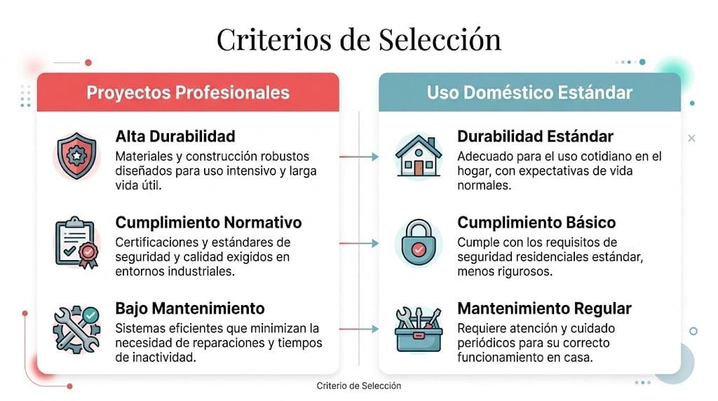 Tabla comparativa de criterios de selección entre proyectos profesionales y uso doméstico estándar para productos.