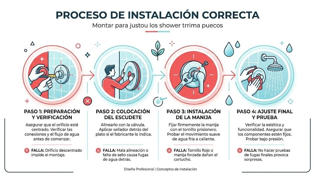 Infografía que muestra los cuatro pasos detallados para realizar la instalación correcta de un embellecedor de grifo ducha.
