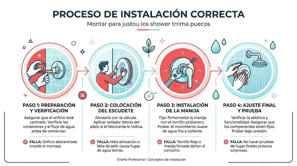 Infografía que muestra los cuatro pasos detallados para realizar la instalación correcta de un embellecedor de grifo ducha.