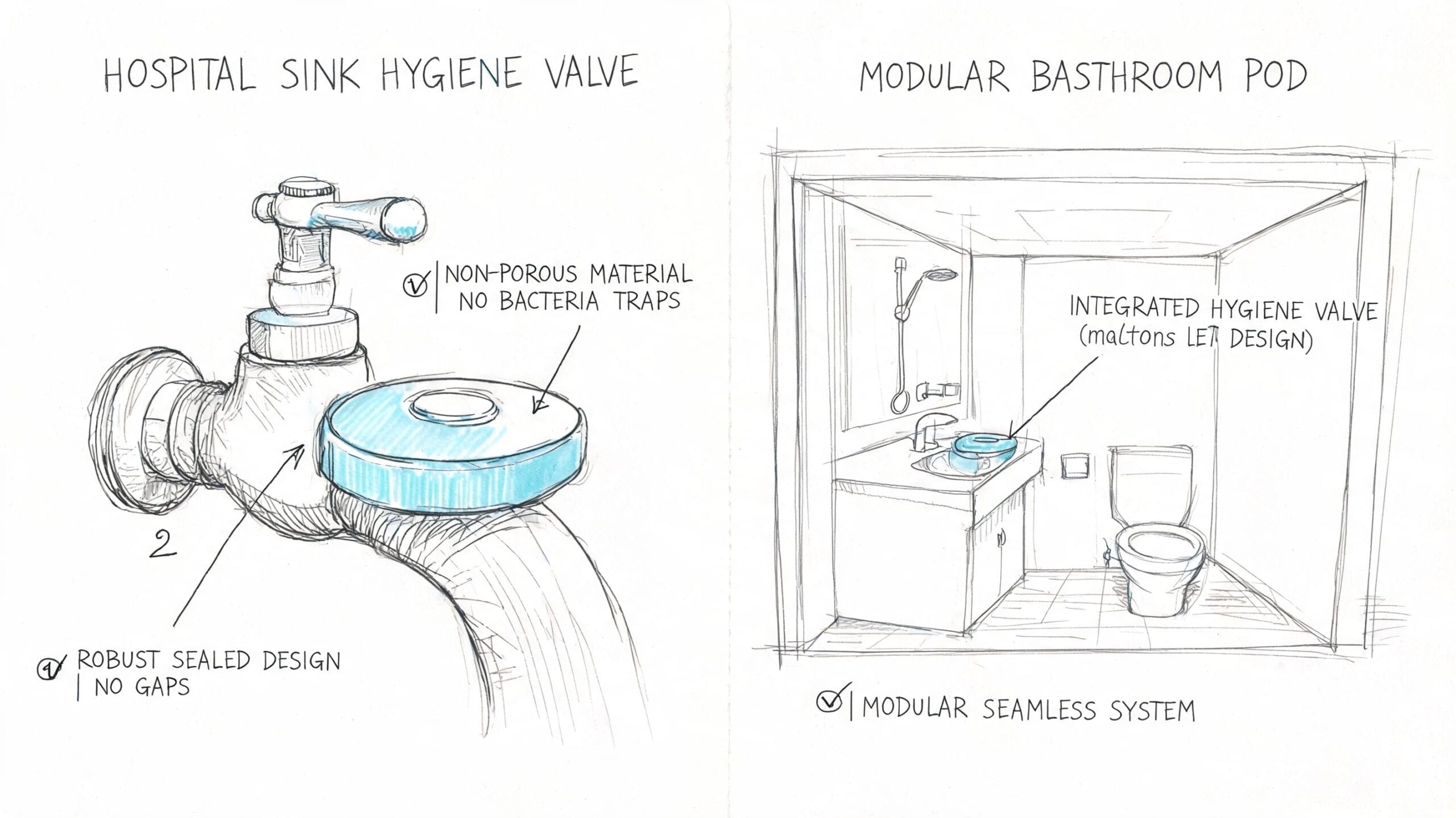 Bocetos técnicos de diseño de una válvula de higiene para lavabos y un baño modular integrado.