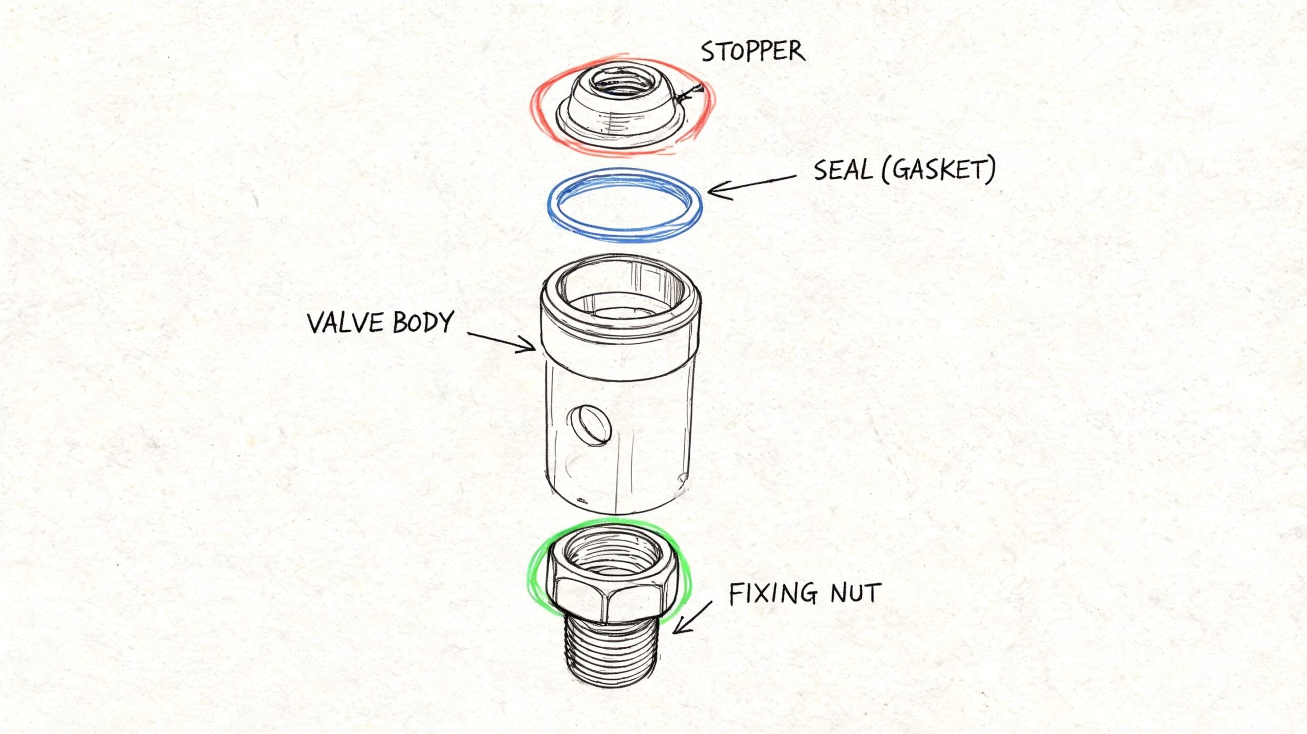 Diagrama técnico despiezado de una válvula de lavabo mostrando el tapón, la junta, el cuerpo y la tuerca.