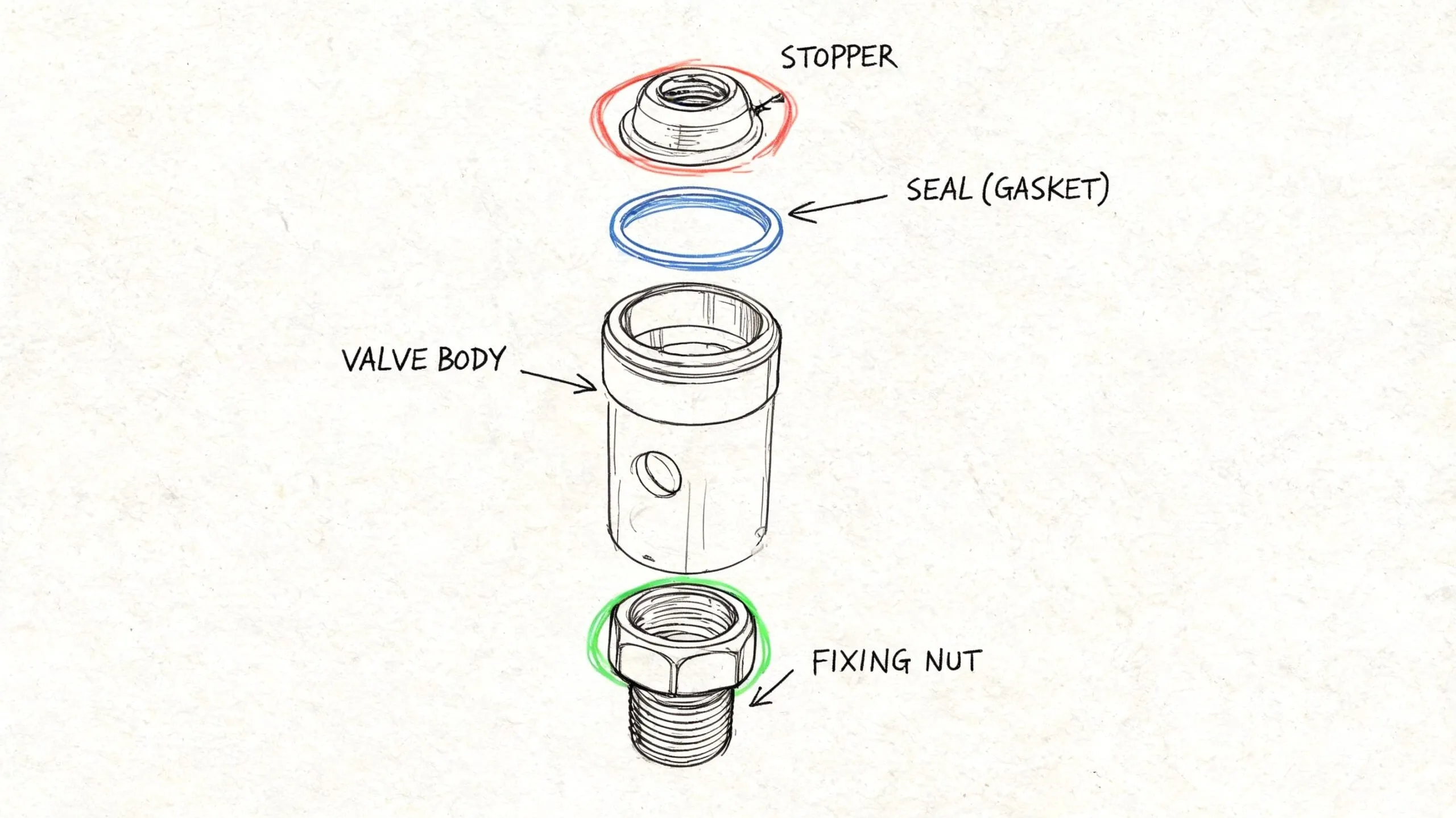 Diagrama técnico despiezado de una válvula de lavabo mostrando el tapón, la junta, el cuerpo y la tuerca.