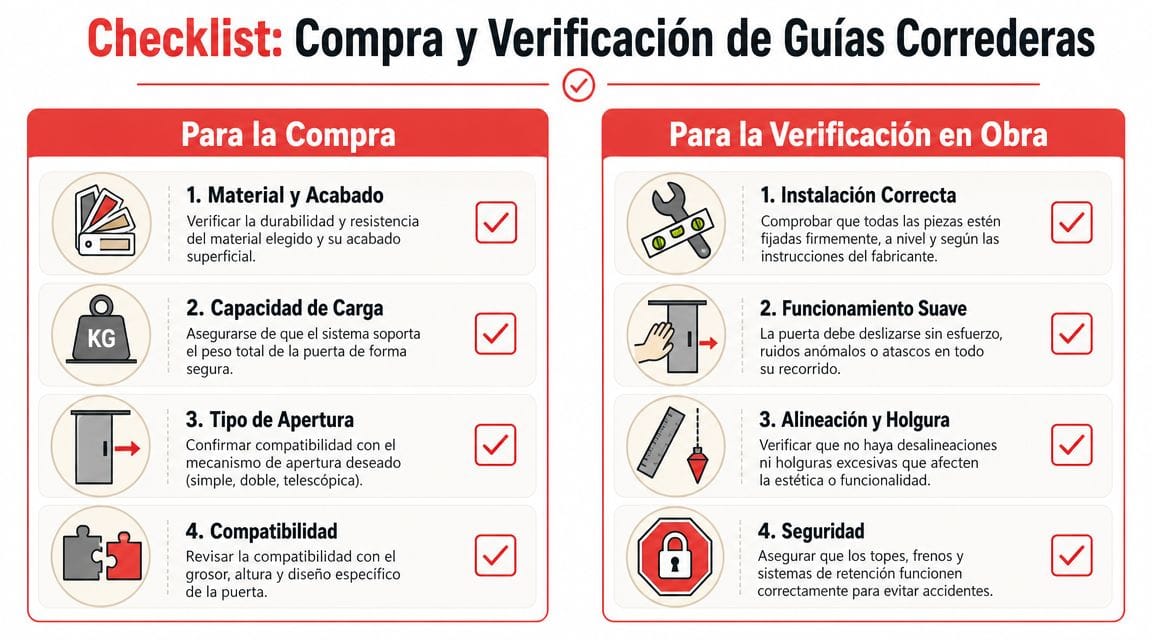 Lista de verificación infográfica para la compra y correcta instalación de guías para puertas correderas en obra.