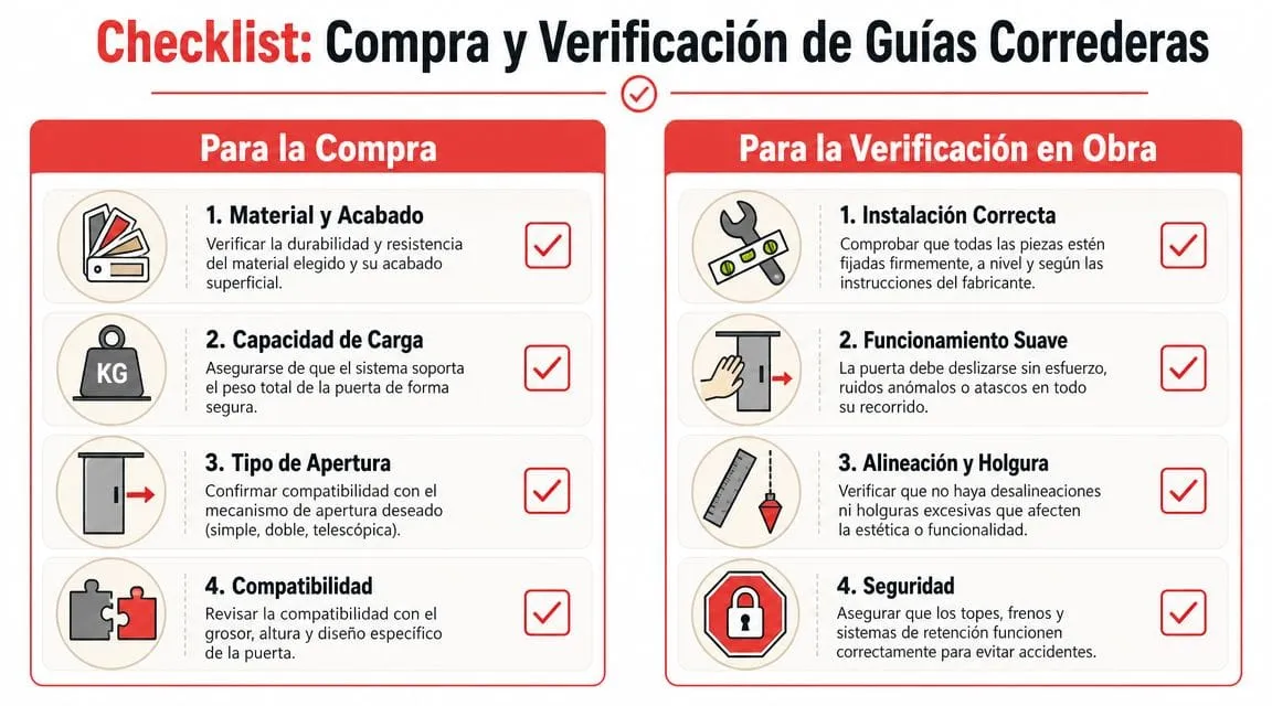 Lista de verificación infográfica para la compra y correcta instalación de guías para puertas correderas en obra.