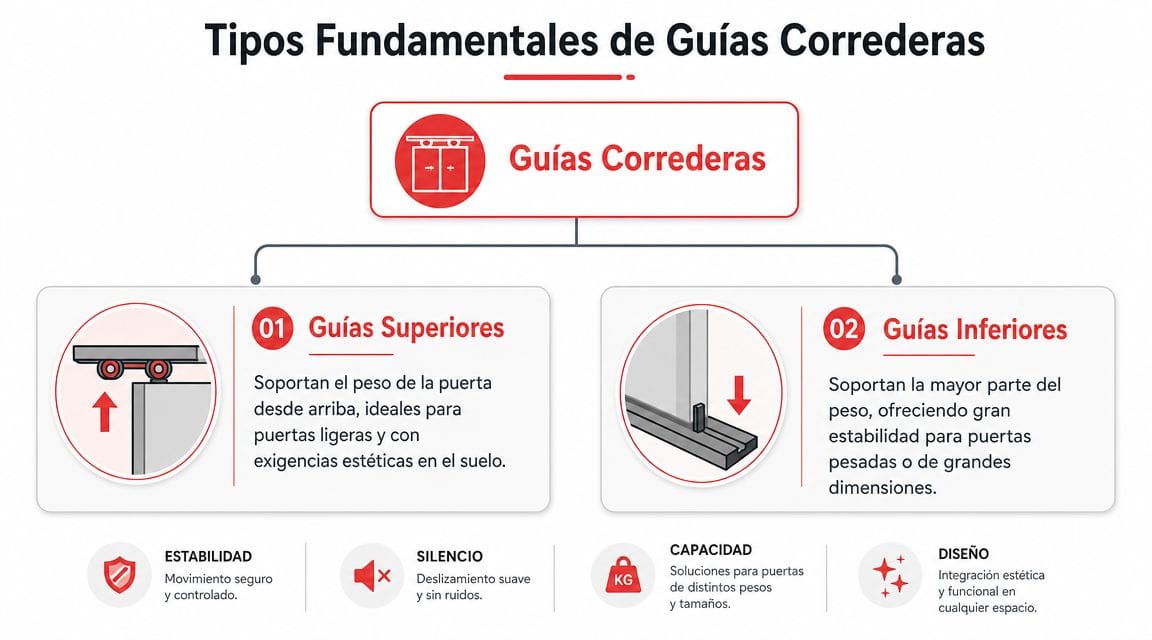 Diagrama explicativo sobre los tipos fundamentales de guías para puertas correderas, detallando opciones superiores e inferiores.