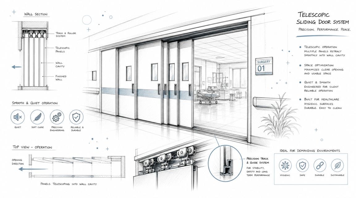 Diagrama técnico que muestra un sistema de puertas correderas telescópicas para entornos hospitalarios con sus componentes detallados.