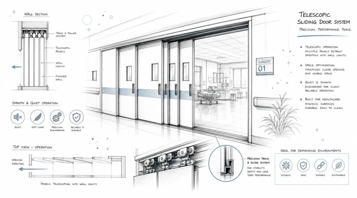 Diagrama técnico que muestra un sistema de puertas correderas telescópicas para entornos hospitalarios con sus componentes detallados.