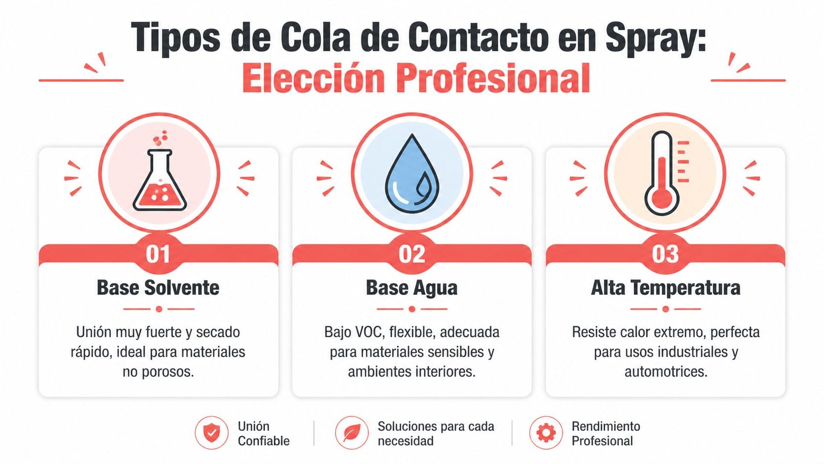 Infografía sobre los tres tipos principales de cola de contacto en spray para uso profesional.