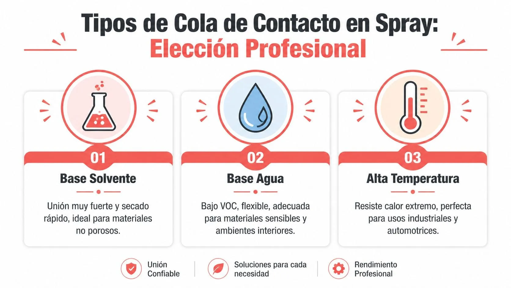 Infografía sobre los tres tipos principales de cola de contacto en spray para uso profesional.