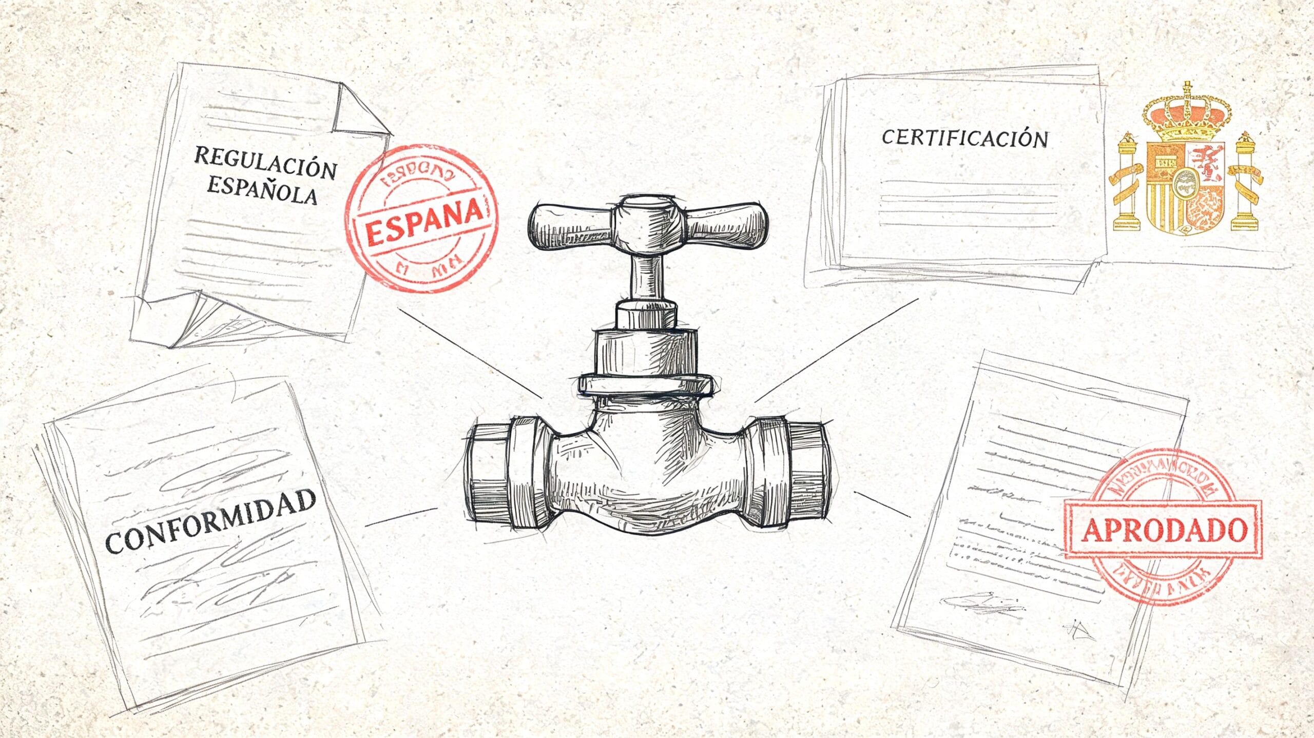 Representación ilustrada de una llave de paso rodeada por diversos documentos legales, certificaciones y sellos oficiales españoles.
