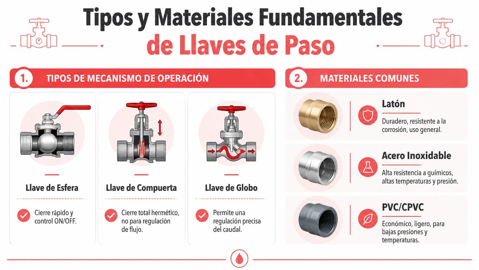 Infografía que muestra los tipos de llaves de paso, sus mecanismos de operación y materiales comunes de fabricación.