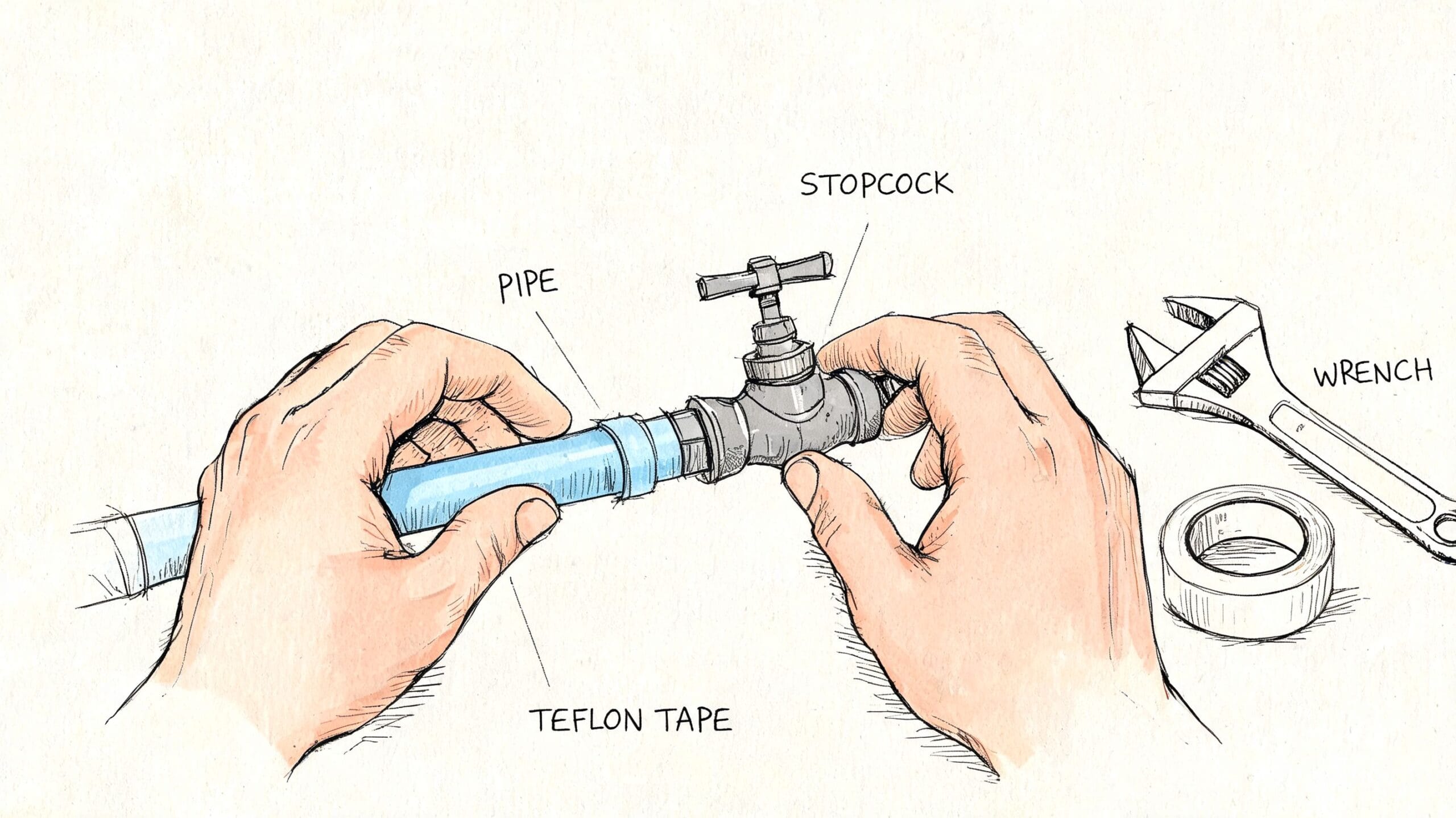Ilustración de unas manos ensamblando una llave de paso con cinta de teflón en una tubería azul.