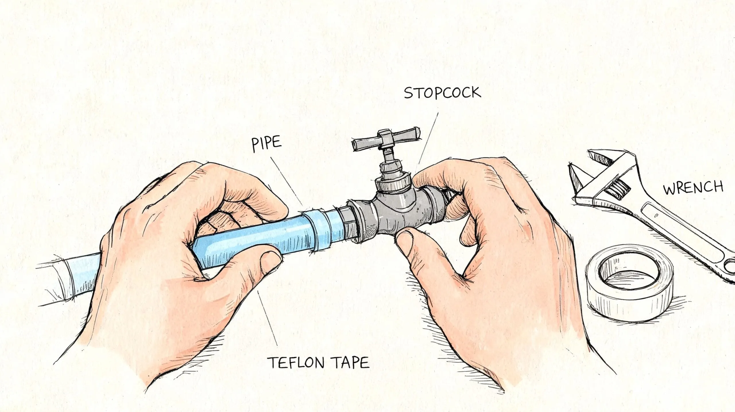 Ilustración de unas manos ensamblando una llave de paso con cinta de teflón en una tubería azul.