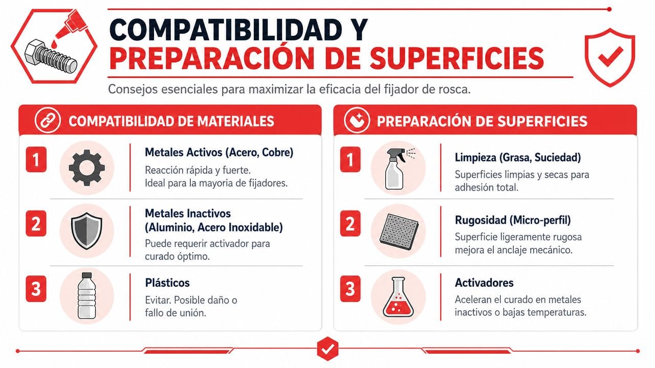 Infografía sobre compatibilidad de materiales y preparación de superficies para el uso de fijadores de rosca industriales.