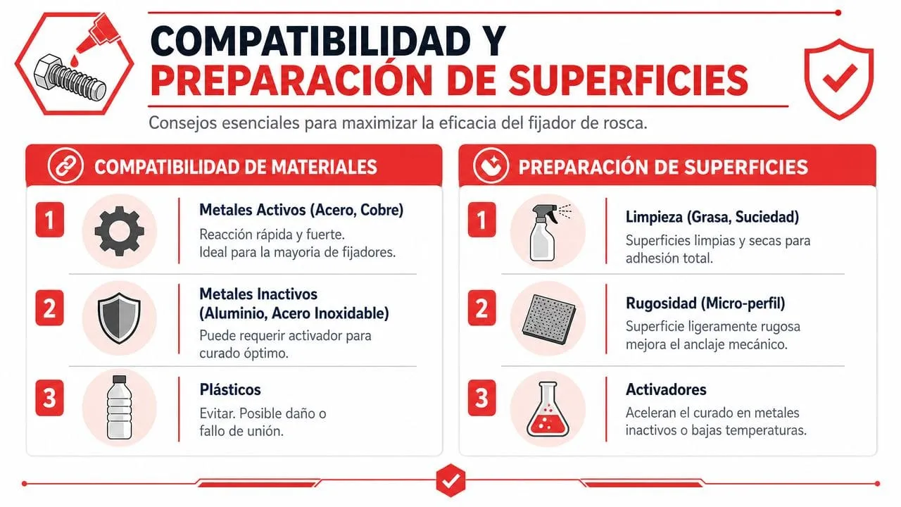 Infografía sobre compatibilidad de materiales y preparación de superficies para el uso de fijadores de rosca industriales.