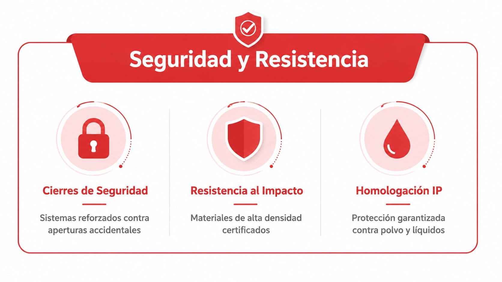 Iconografía sobre seguridad y resistencia destacando cierres, protección contra impactos y homologación IP para herramientas.