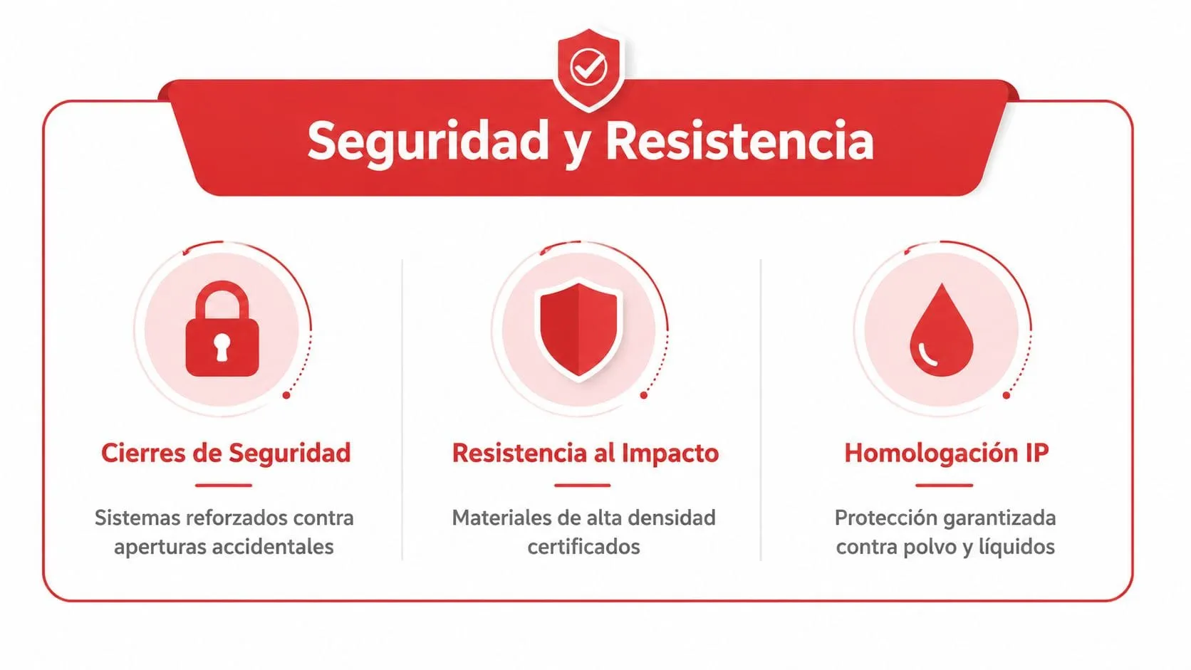 Iconografía sobre seguridad y resistencia destacando cierres, protección contra impactos y homologación IP para herramientas.