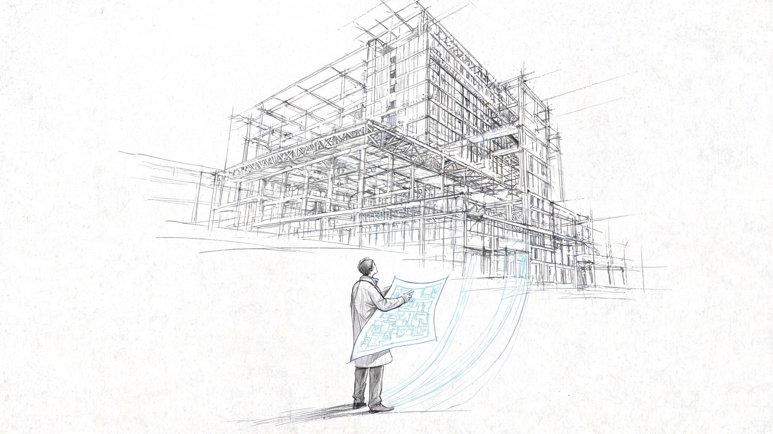 Arquitecto analizando planos detallados frente a un boceto conceptual de un edificio moderno en construcción.