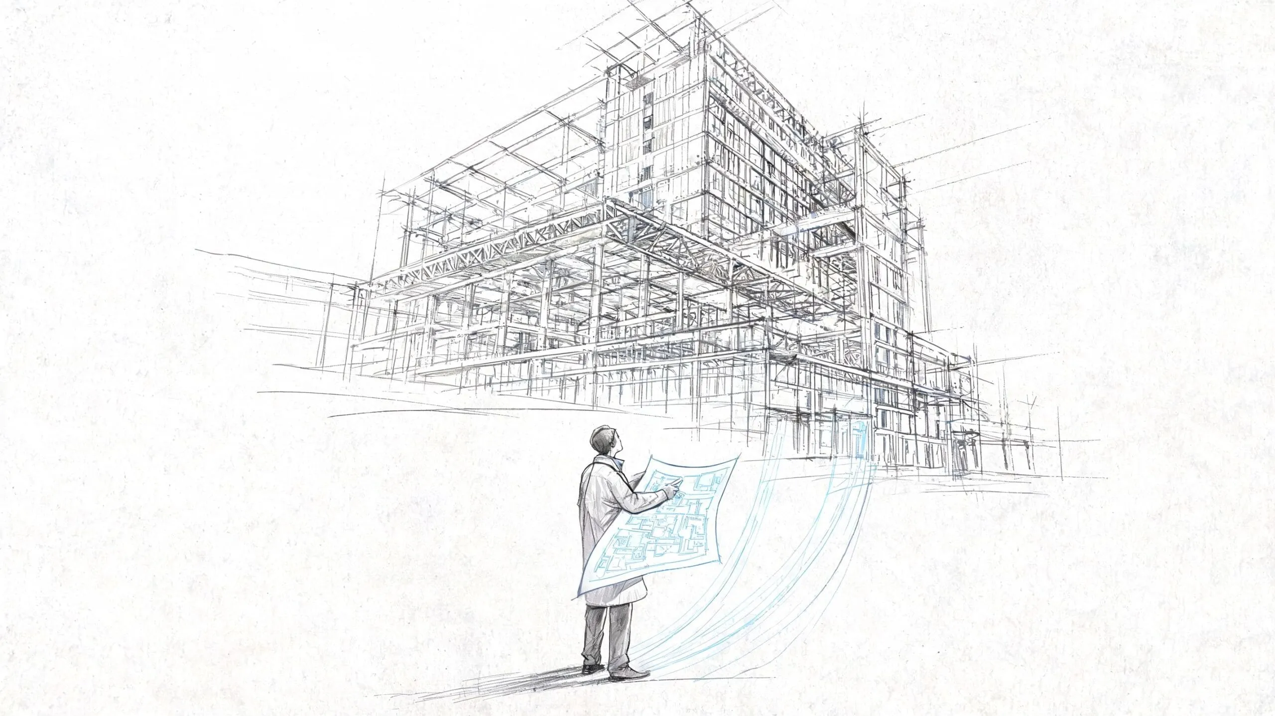 Arquitecto analizando planos detallados frente a un boceto conceptual de un edificio moderno en construcción.