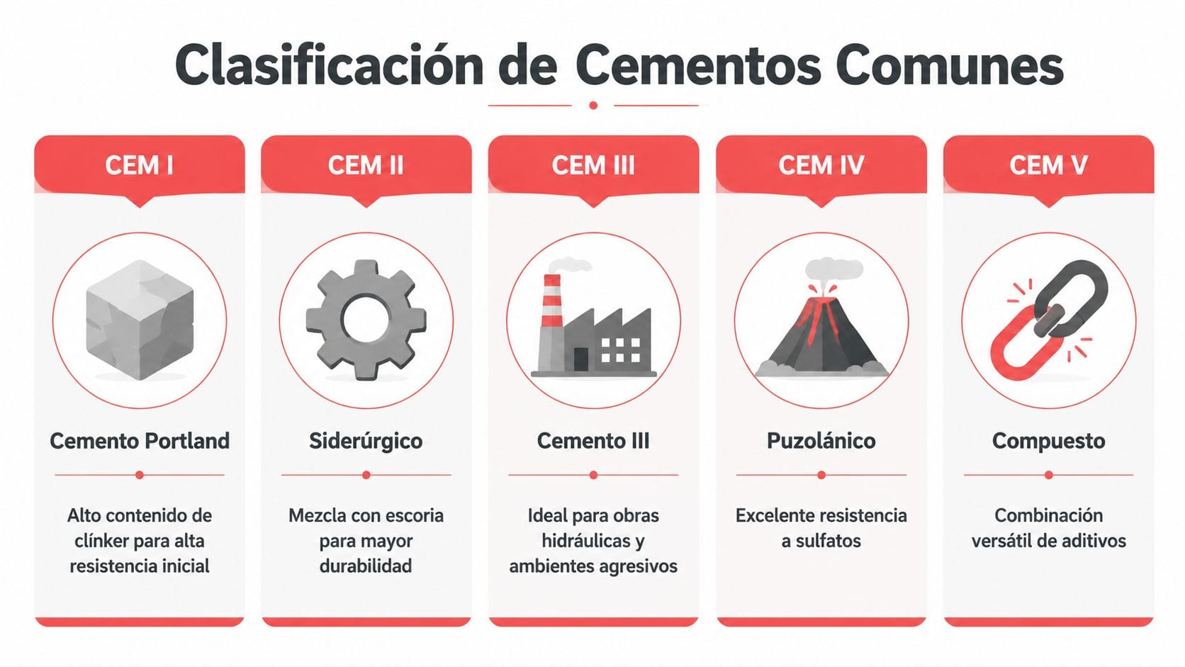 Infografía que presenta la clasificación de cinco tipos de cementos comunes utilizados en la construcción.