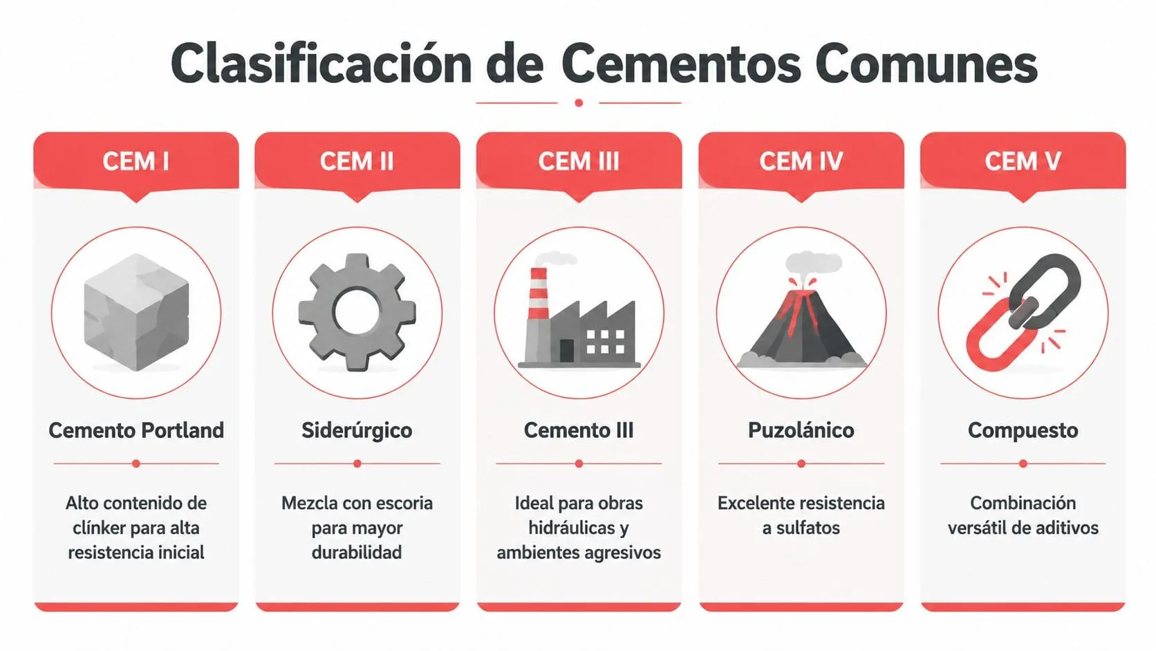Infografía que presenta la clasificación de cinco tipos de cementos comunes utilizados en la construcción.