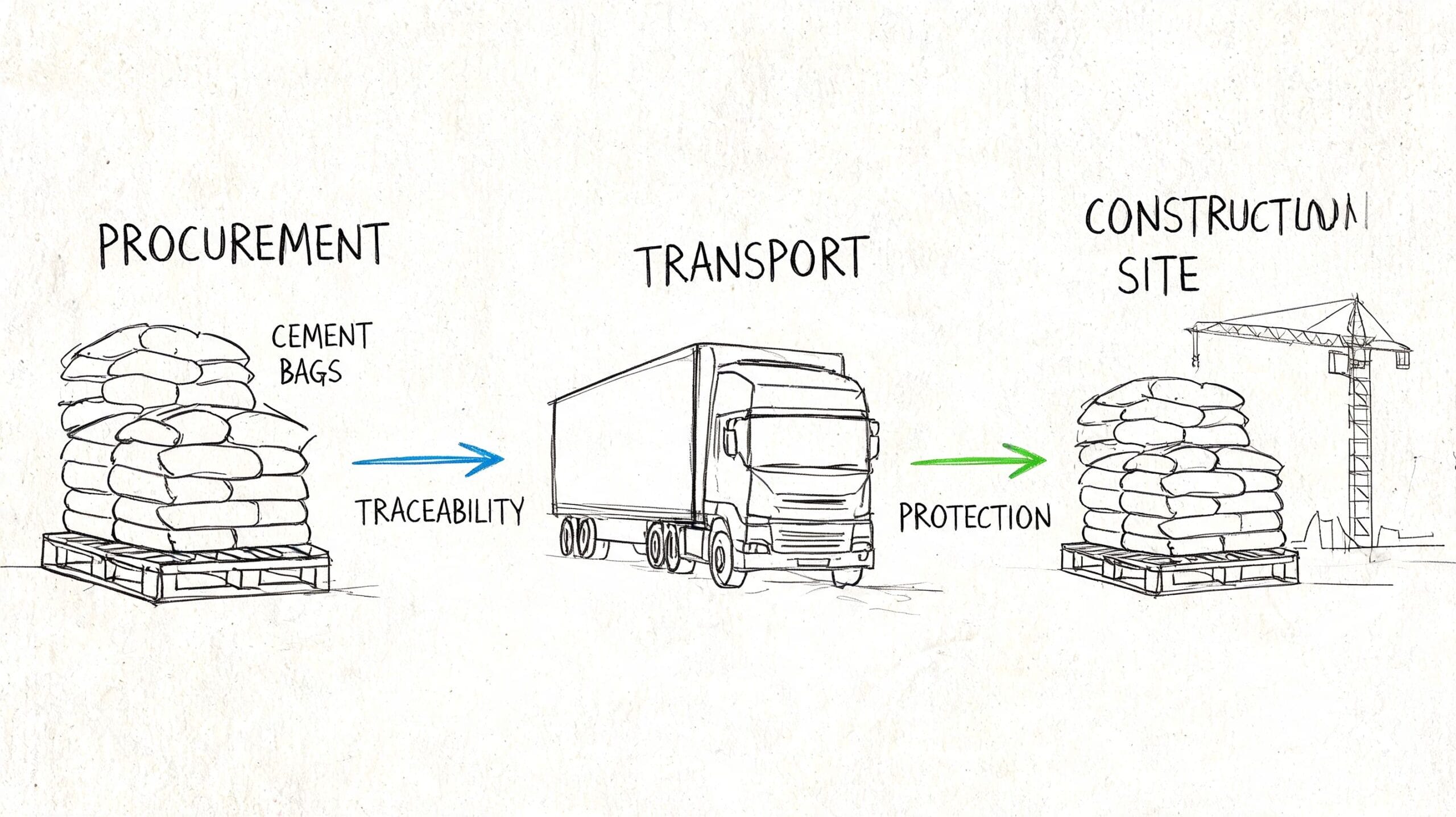 Diagrama que ilustra el proceso de logística de cemento desde la adquisición, transporte y construcción