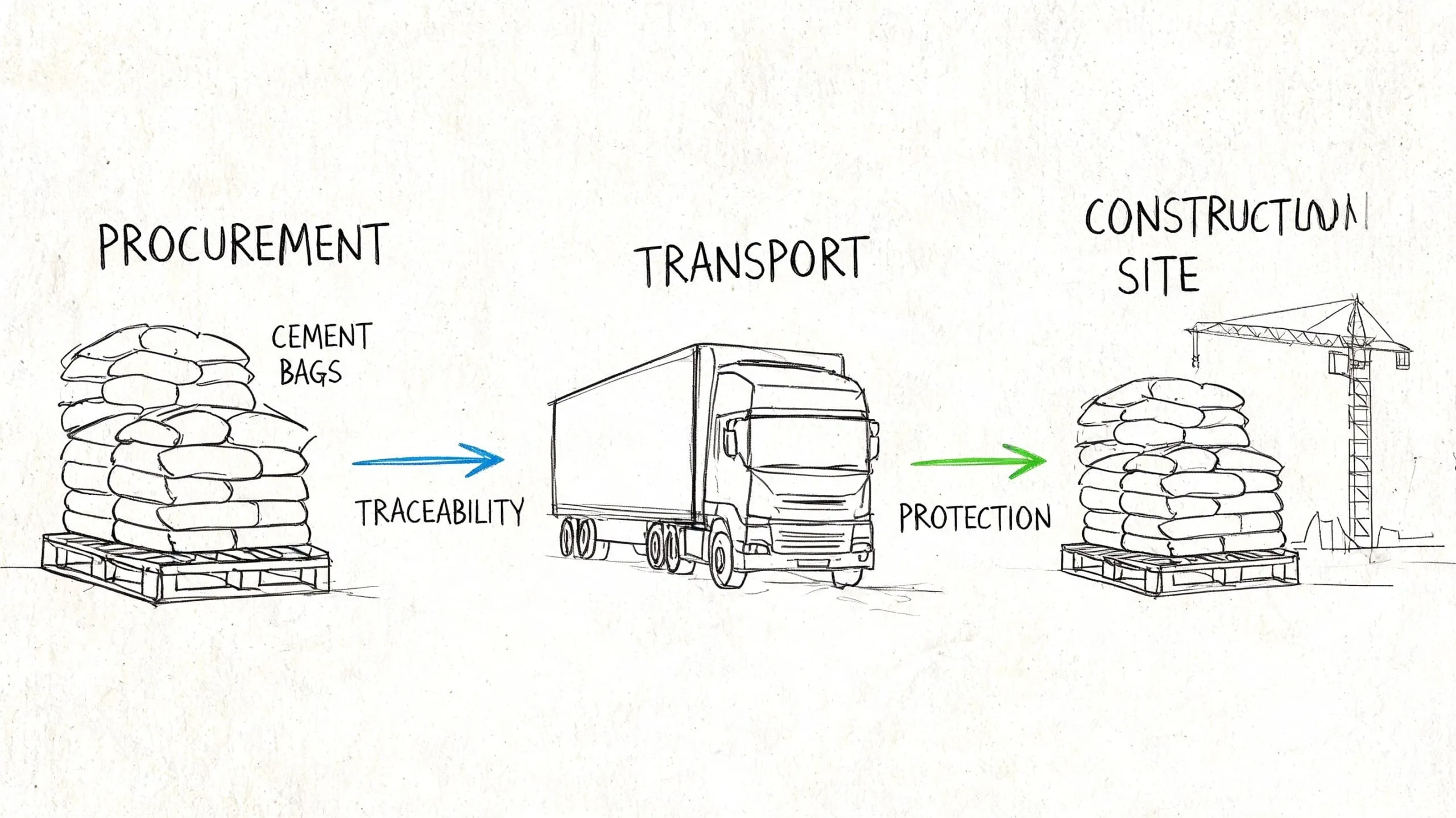 Diagrama que ilustra el proceso de logística de cemento desde la adquisición, transporte y construcción