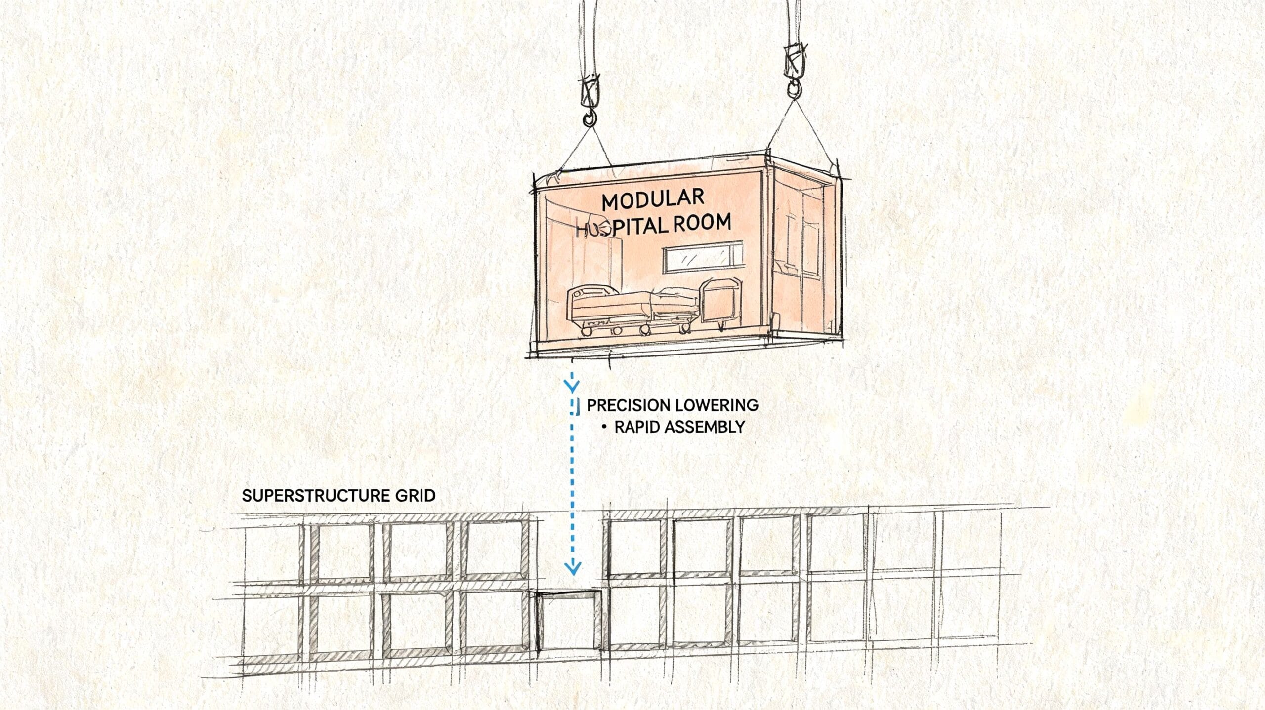 Una ilustración técnica que muestra una habitación modular de hospital siendo bajada con grúa hacia una estructura.