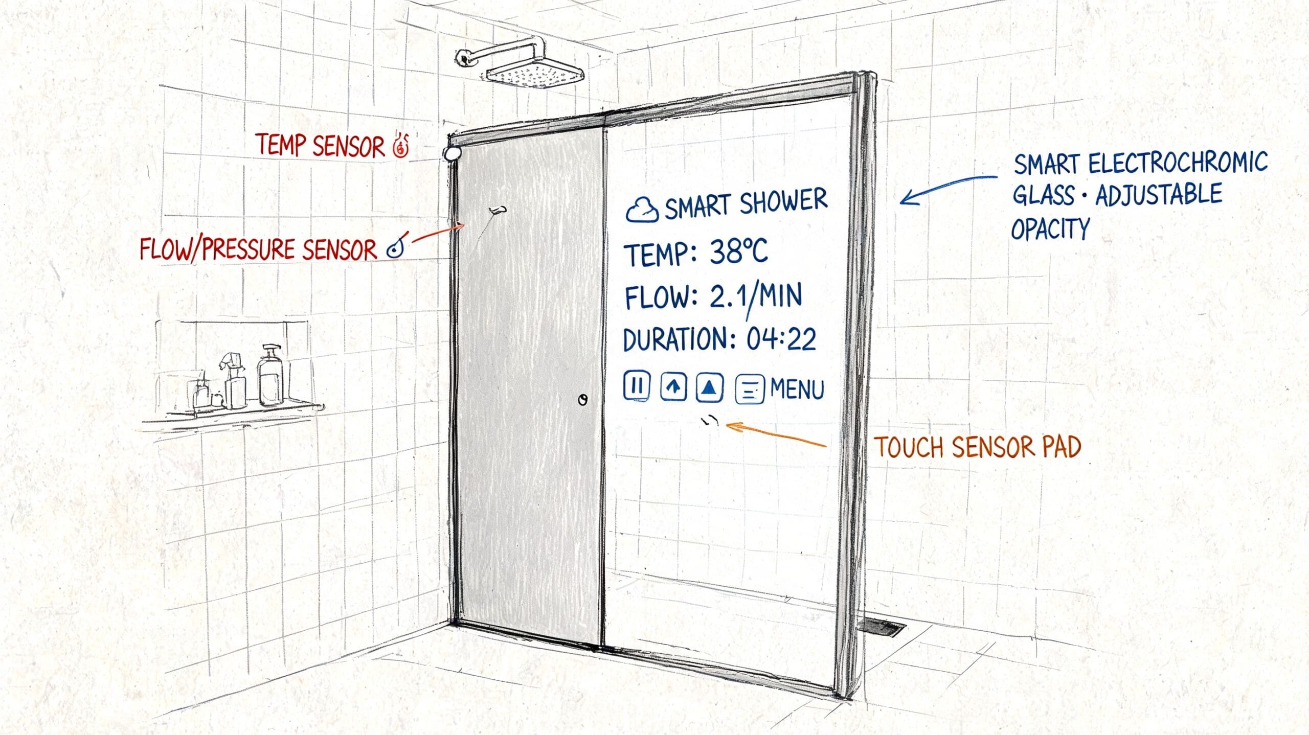 Diagrama de una mampara de ducha inteligente con sensores de temperatura, flujo y panel táctil integrado.