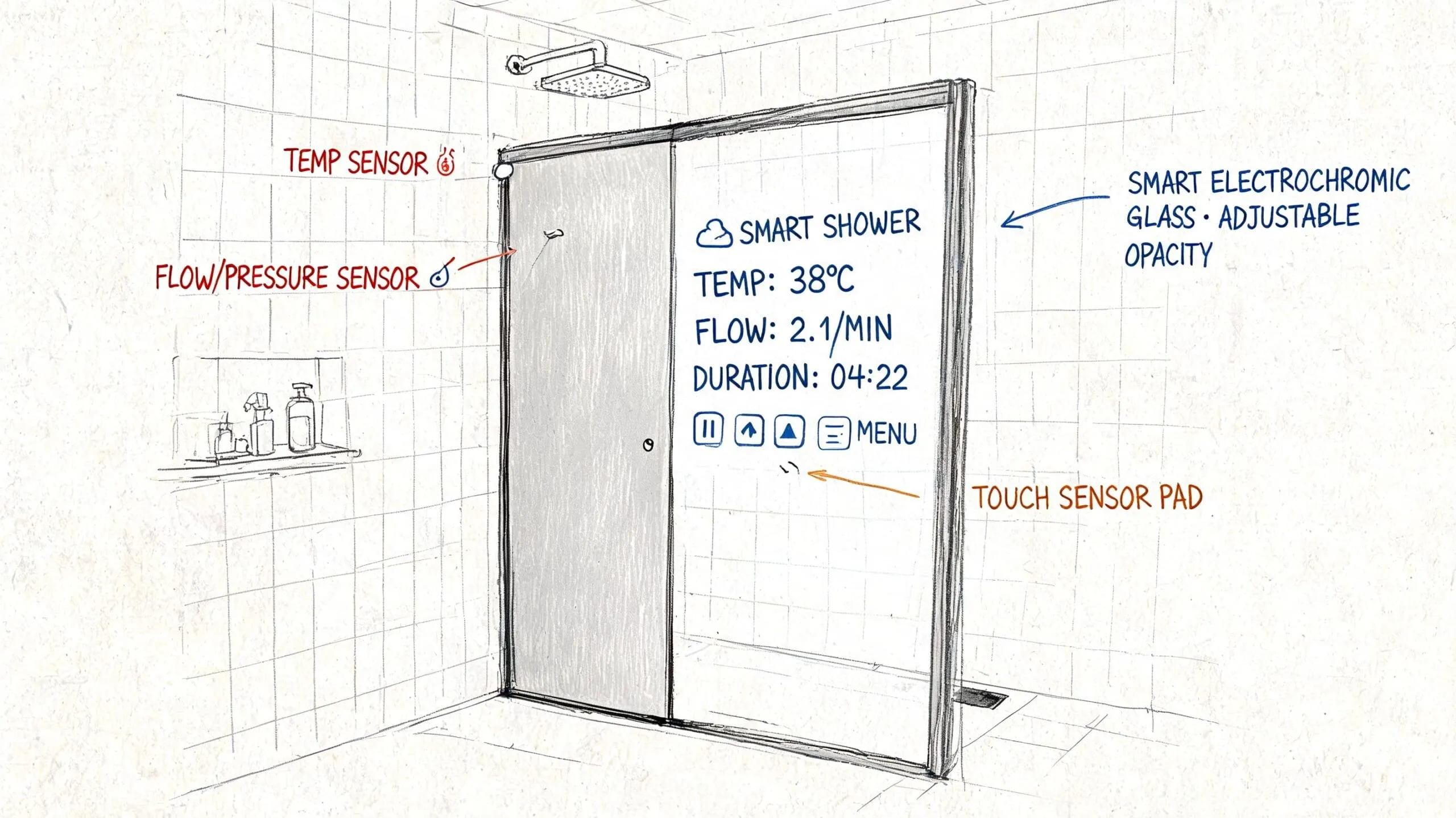 Diagrama de una mampara de ducha inteligente con sensores de temperatura, flujo y panel táctil integrado.