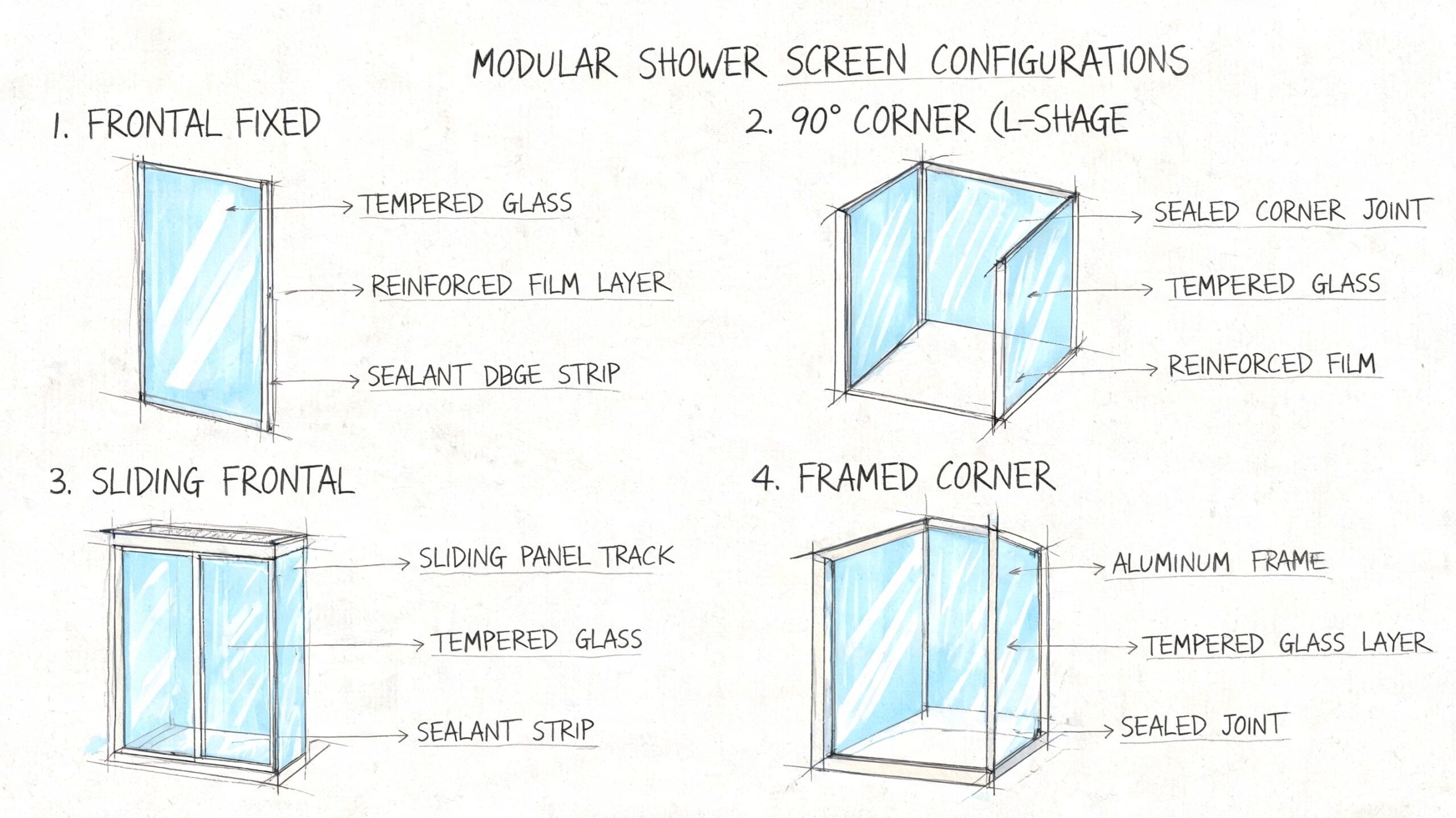 Ilustración que muestra cuatro configuraciones diferentes de mamparas de ducha modulares con etiquetas explicativas en cada sección.