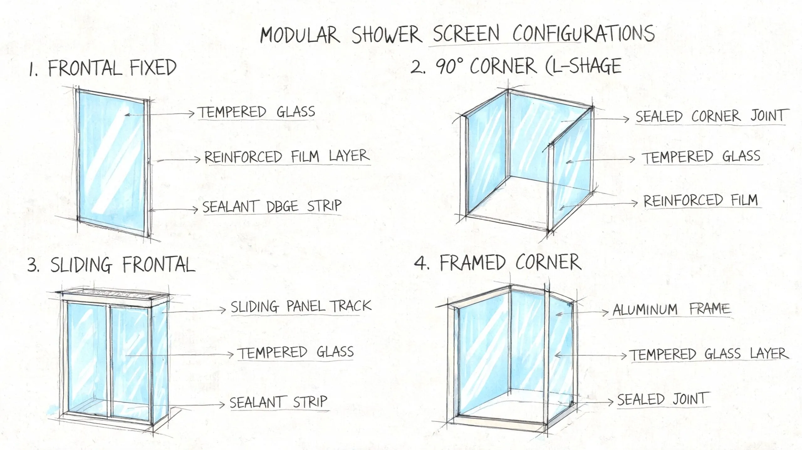 Ilustración que muestra cuatro configuraciones diferentes de mamparas de ducha modulares con etiquetas explicativas en cada sección.