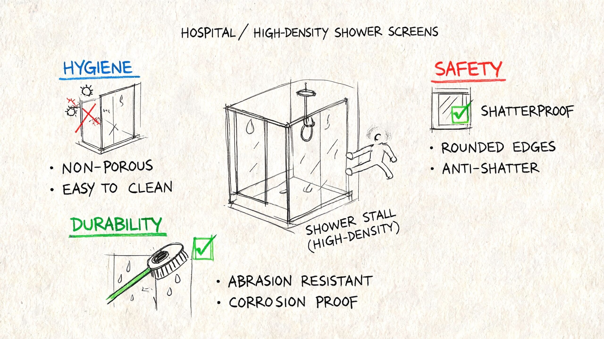 Ilustración esquemática sobre las características higiénicas, de durabilidad y seguridad de las mamparas de ducha para hospitales.