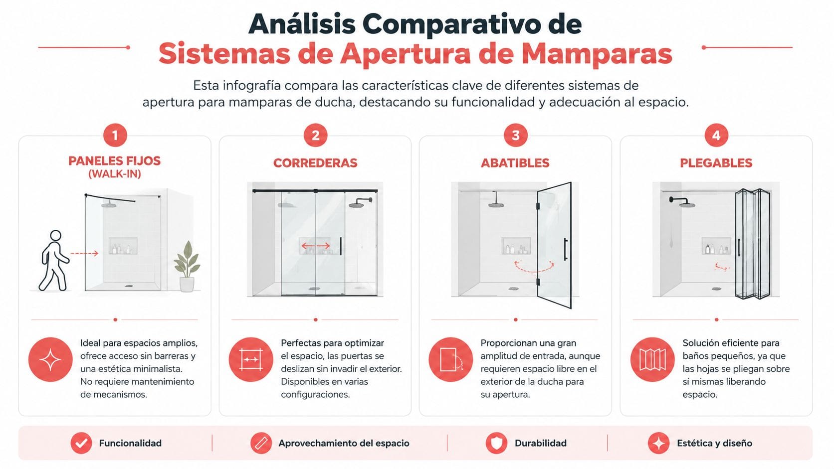 Infografía comparativa que muestra cuatro tipos de mamparas de ducha: fijas, correderas, abatibles y plegables según su funcionalidad.