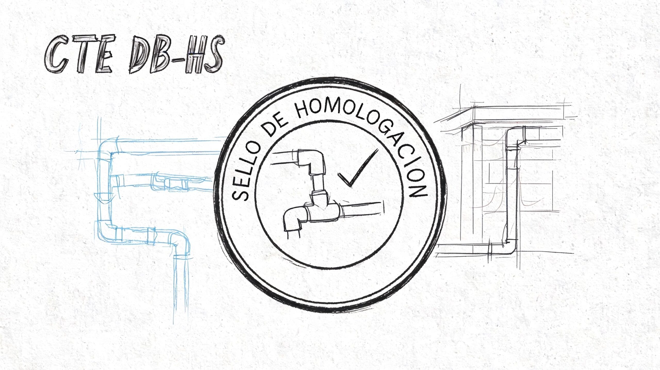 Esquema técnico de tuberías con sello de homologación para normativas CTE DB-HS sobre salubridad en edificios.