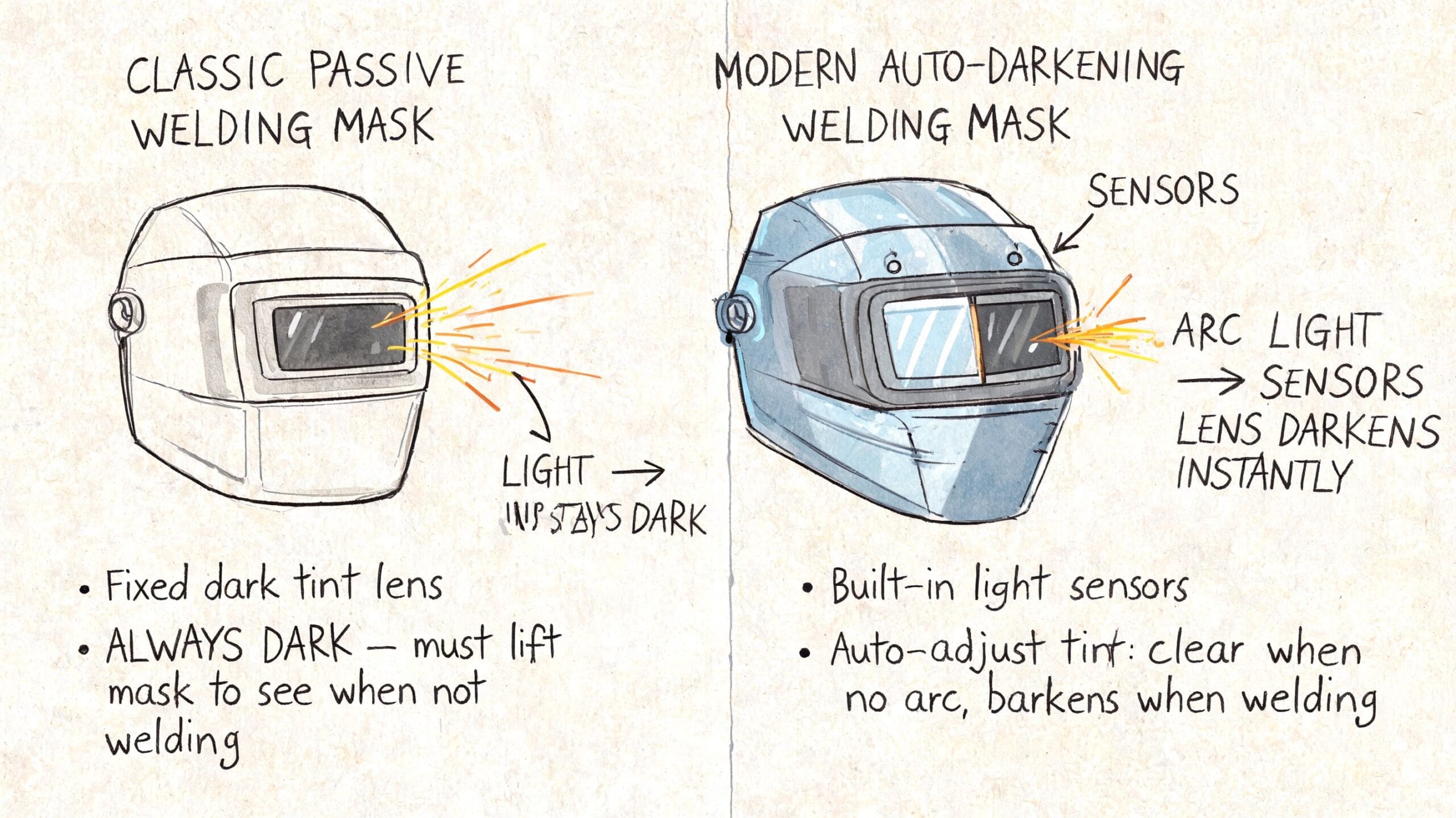 Comparación entre una máscara de soldar clásica y una moderna con oscurecimiento automático para seguridad.