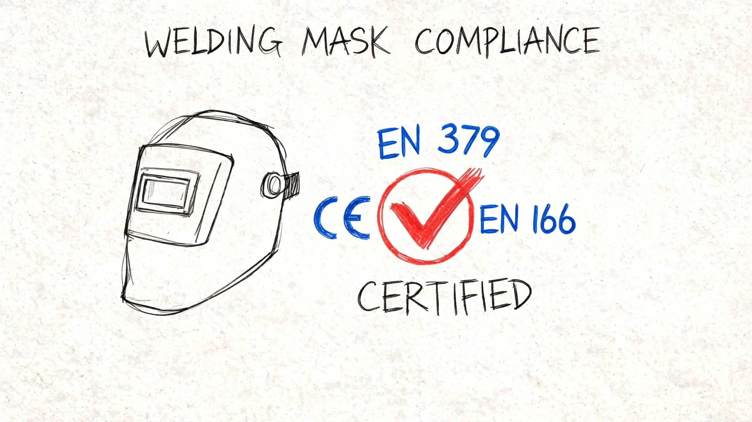 Ilustración de una máscara de soldar con certificaciones CE, EN 379 y EN 166 de cumplimiento de seguridad.