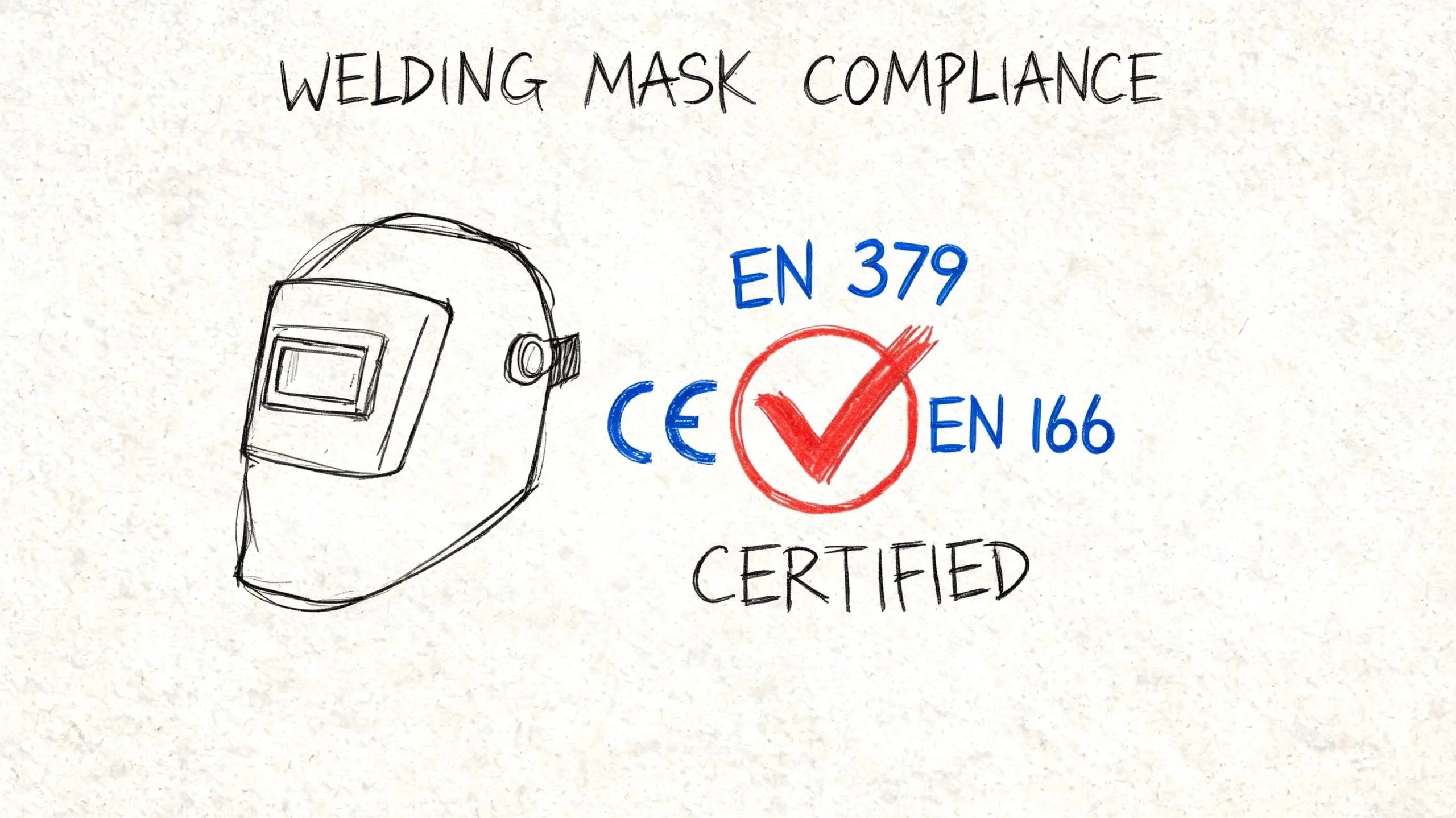 Ilustración de una máscara de soldar con certificaciones CE, EN 379 y EN 166 de cumplimiento de seguridad.