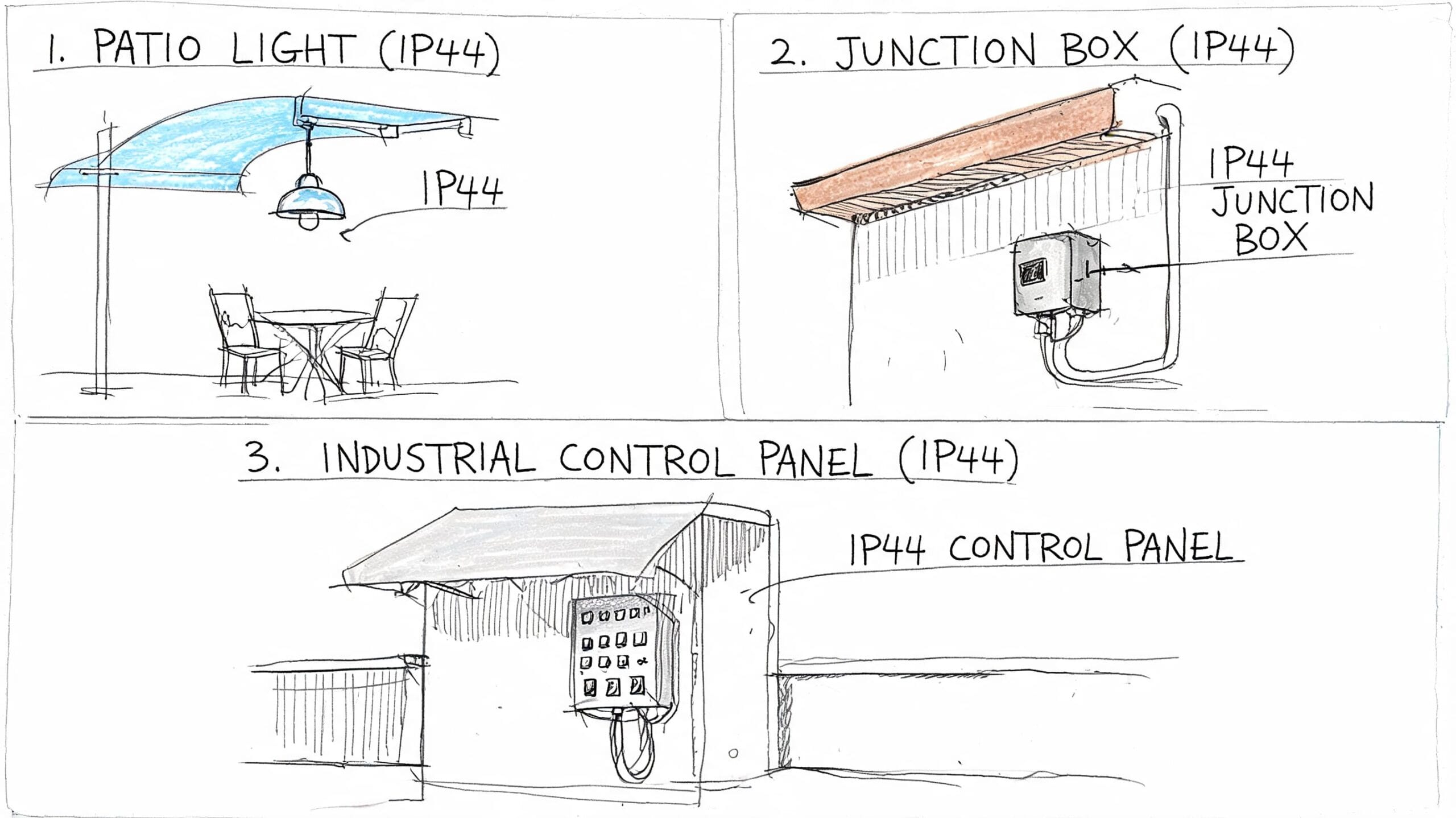 Diagrama ilustrativo que explica tres ejemplos comunes de aplicaciones con clasificación de protección eléctrica IP44.