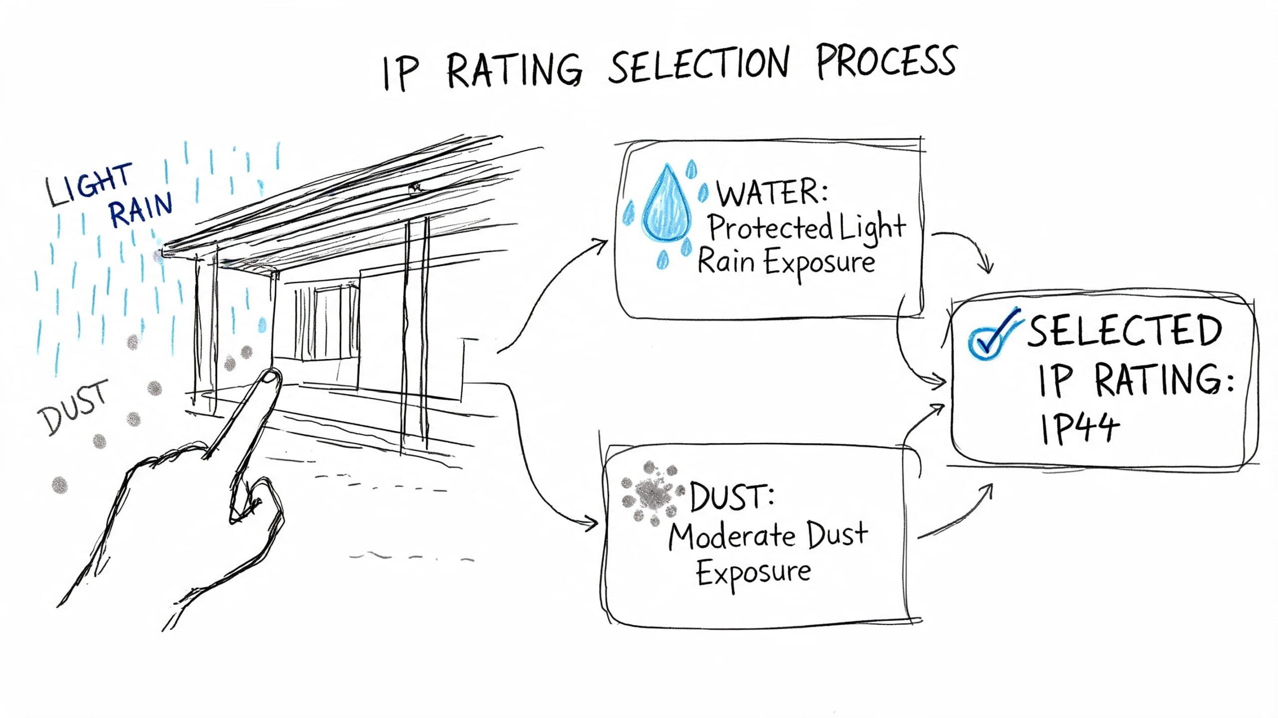 Diagrama de proceso para seleccionar una clasificación de protección IP44 basada en la exposición a lluvia y polvo.
