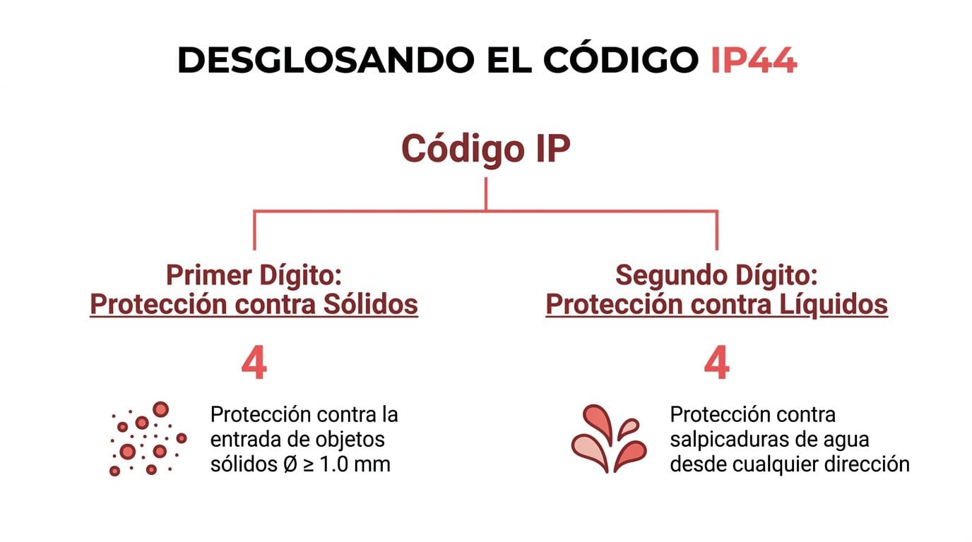 Explicación gráfica del código IP44 detallando la protección contra objetos sólidos y contra salpicaduras de agua.
