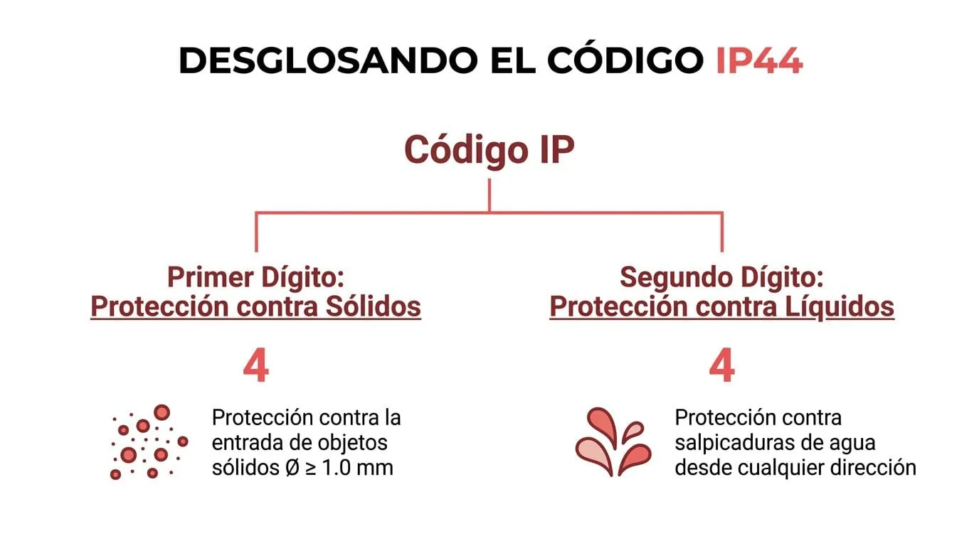 Explicación gráfica del código IP44 detallando la protección contra objetos sólidos y contra salpicaduras de agua.