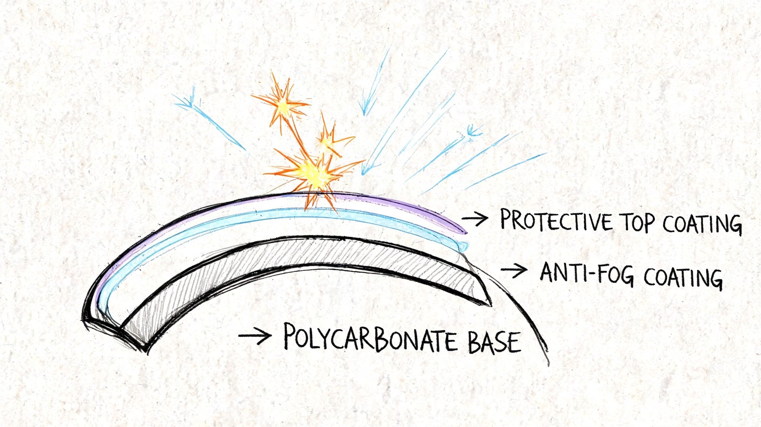 Diagrama técnico que ilustra las capas de protección de una lente de policarbonato con recubrimientos especializados.
