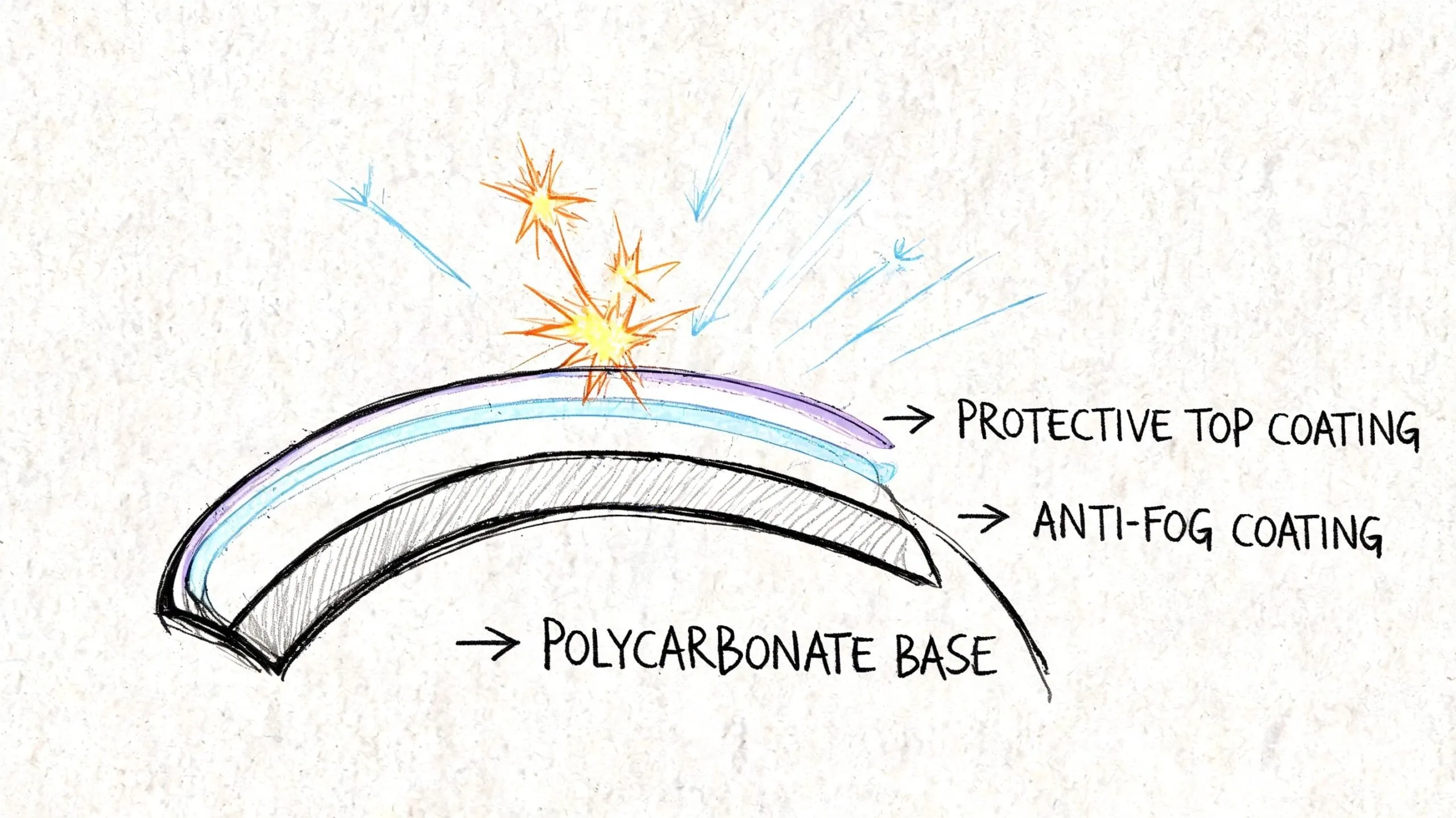 Diagrama técnico que ilustra las capas de protección de una lente de policarbonato con recubrimientos especializados.