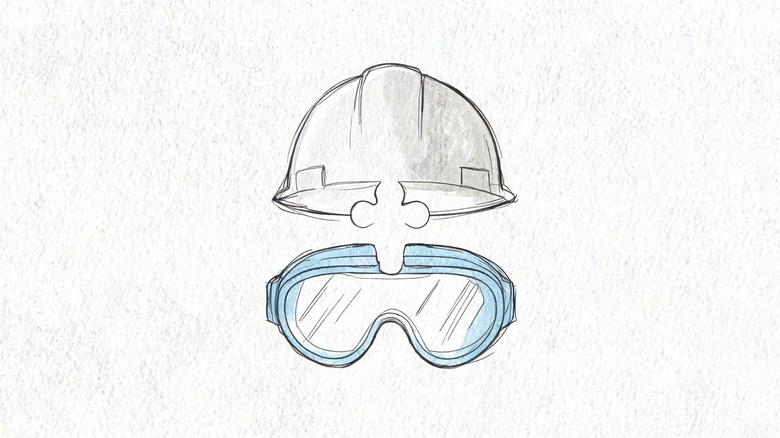 Dibujo esquemático de un casco de seguridad junto a unas gafas de protección industrial unidas por piezas.