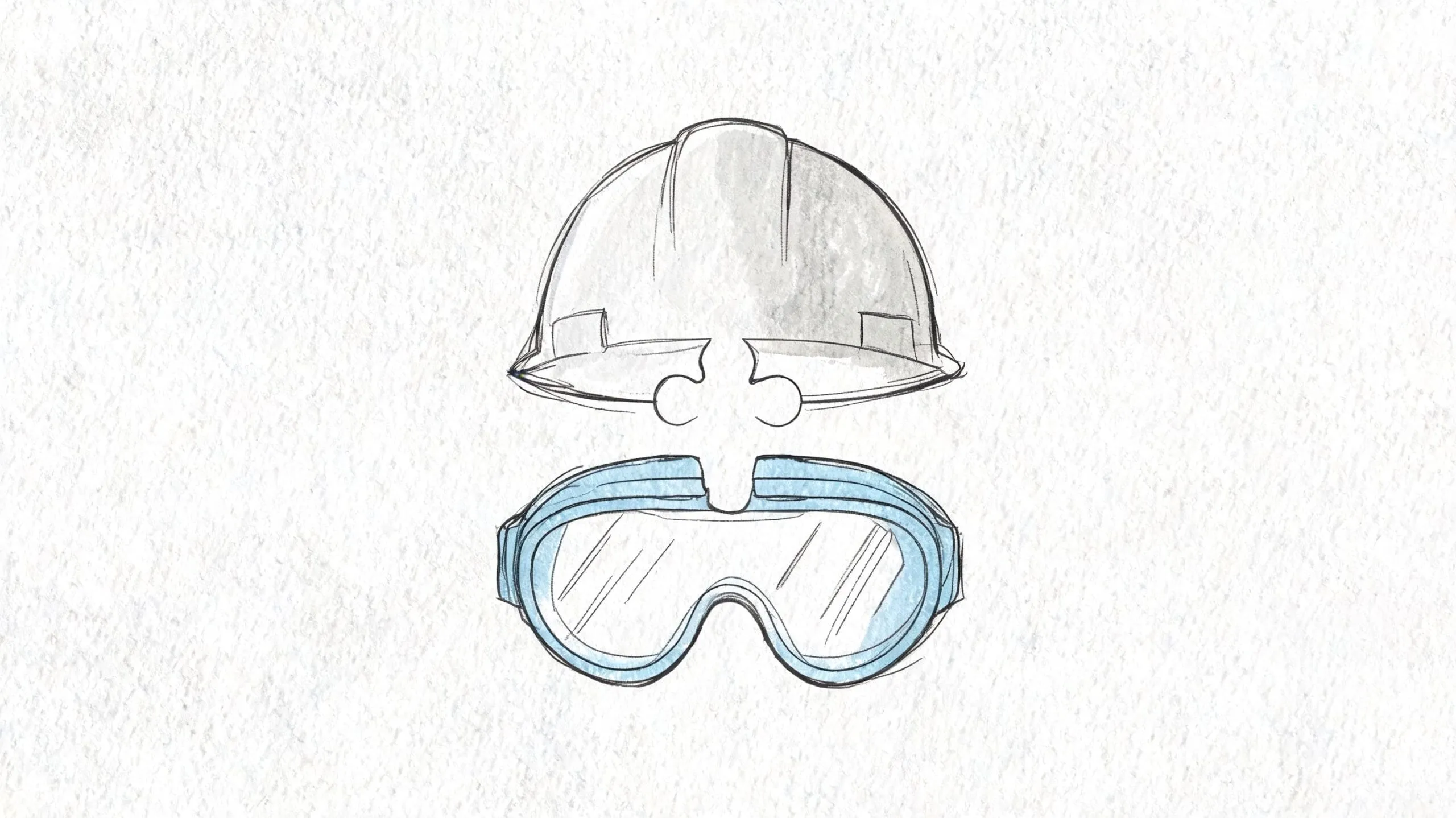 Dibujo esquemático de un casco de seguridad junto a unas gafas de protección industrial unidas por piezas.