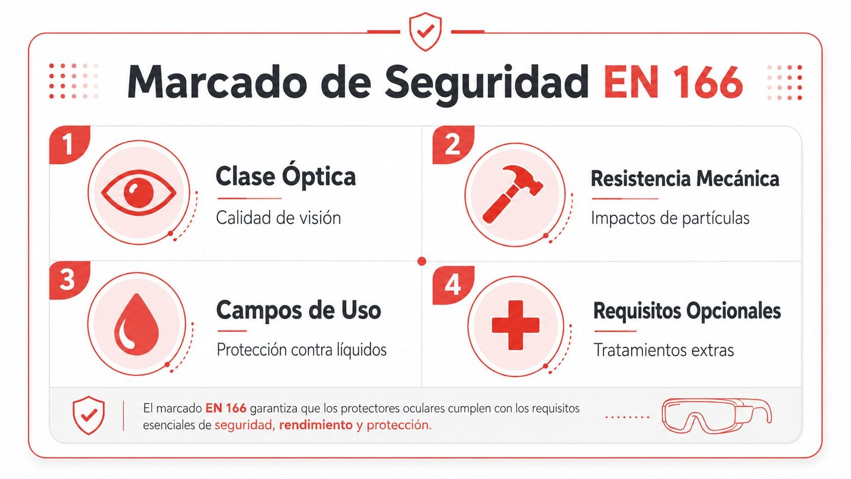 Infografía sobre el marcado de seguridad EN 166 que especifica requisitos para protección ocular en el trabajo.