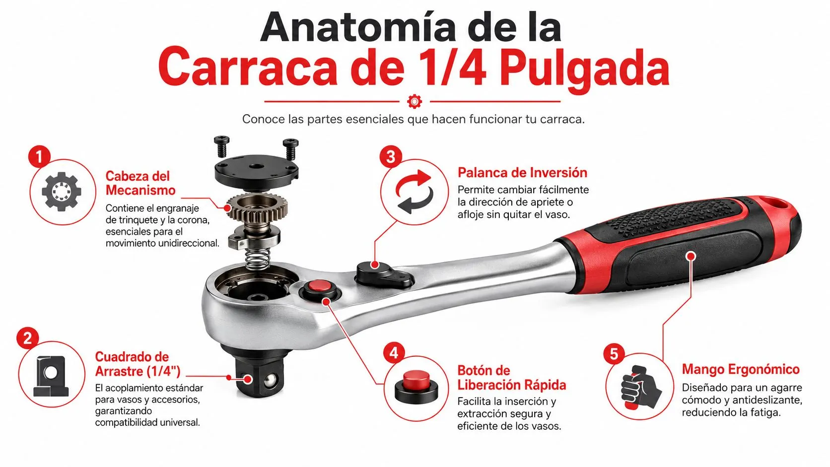 Diagrama detallado que muestra las partes internas y externas de una llave de carraca de un cuarto.