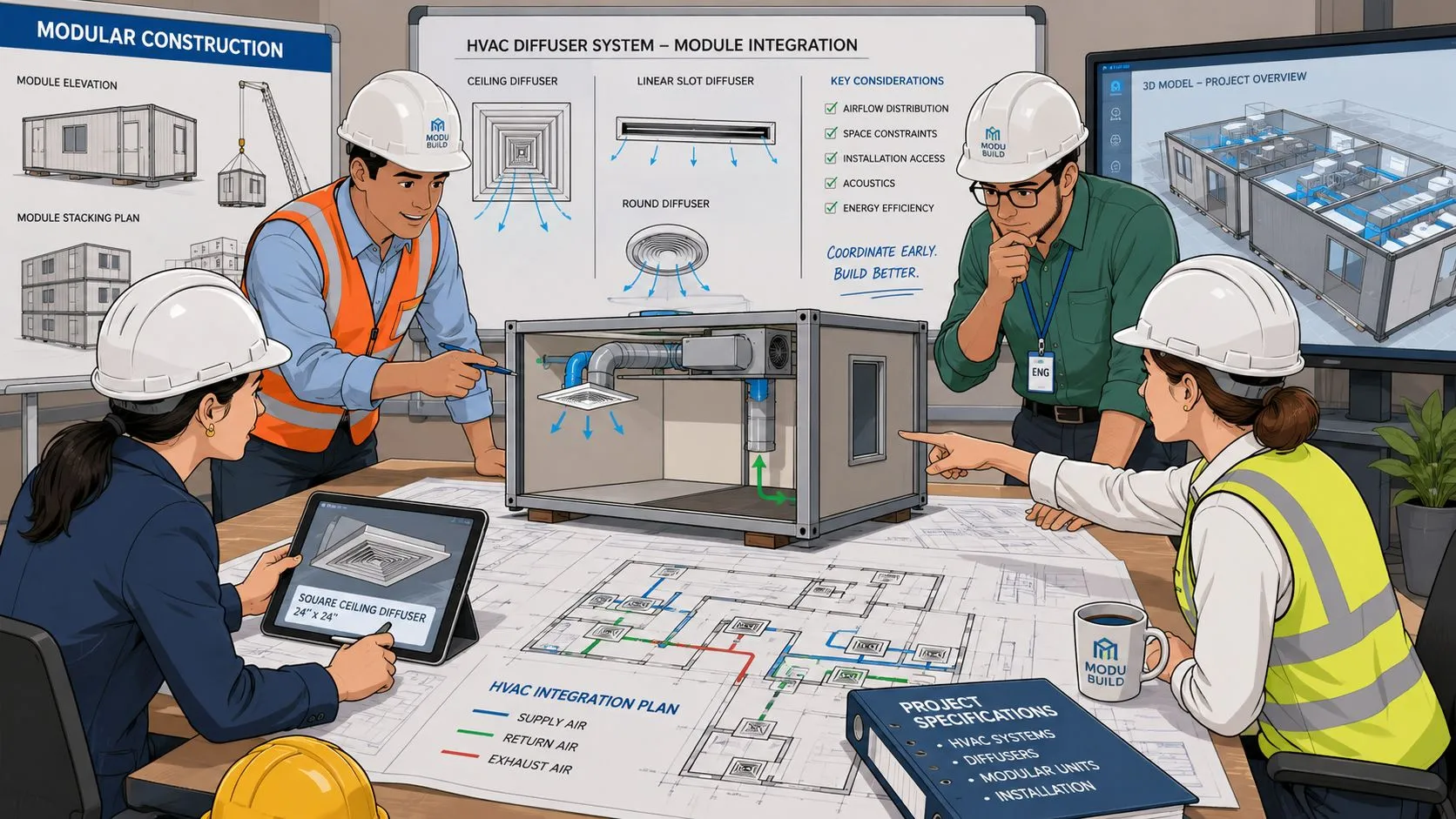 Equipo de ingenieros revisando planos y modelos 3D de sistemas HVAC para construcción modular de oficinas.